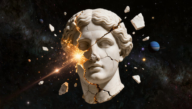 Shattered Ancient Greek Statue Head Exploding in Cosmic Space with Glowing Kintsugi Crack