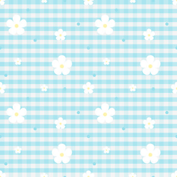 Light Cyan Floral Gingham Seamless Pattern with White Daisy Flowers
