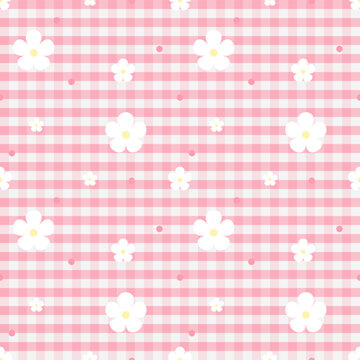 Cute Pink Floral Gingham Seamless Pattern with White Flowers