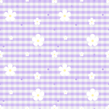 Pastel Purple Floral Gingham Seamless Pattern with White Daisy Flowers