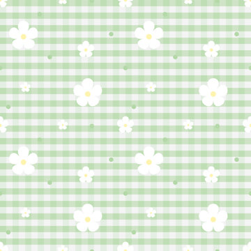 Light Green Gingham Seamless Pattern with Cute White Floral Motifs