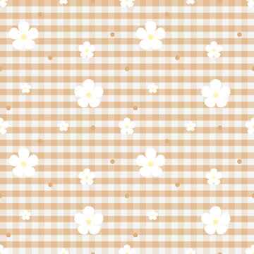 Beige Caramel Gingham Floral Seamless Pattern with White Flowers