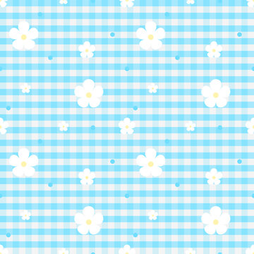 Sky Blue Gingham Floral Seamless Pattern with White Daisy Flowers