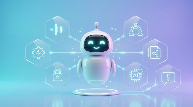 Friendly white robot assistant with glowing interface icons representing artificial intelligence workflow automation processes and digital data management systems in futuristic 3d rendering