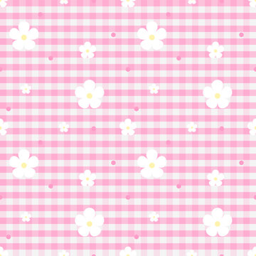 Hot Pink Floral Gingham Seamless Pattern with Cute White Flowers