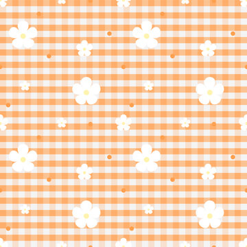Orange Gingham Floral Seamless Pattern with Simple White Flowers