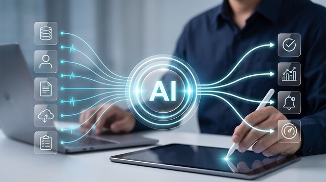 Professional using digital stylus on touchscreen tablet with glowing artificial intelligence hub and data flow icons for advanced business analytics and process streamlining results