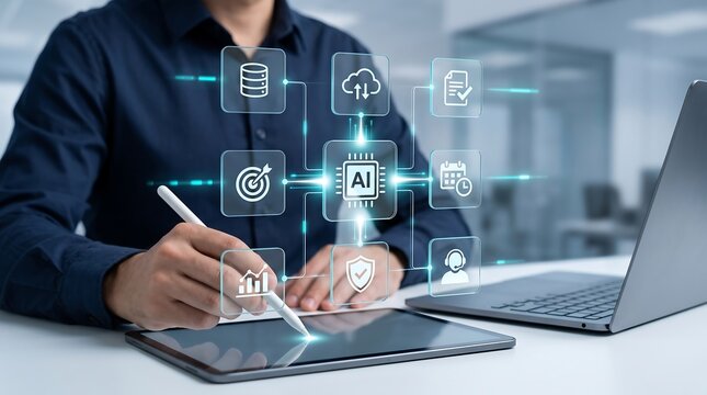 Business person working on tablet with digital stylus featuring artificial intelligence microchip icon and connected workflow modules for efficient corporate operation management