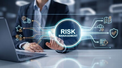Obraz premium Risk management concept with businessman touching glowing virtual interface with icons for insurance and financial security strategy in modern corporate office workspace setting