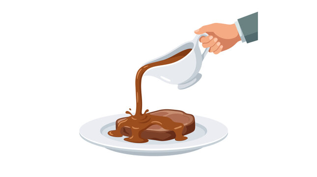Chef hand pouring rich brown gravy onto a cooked steak for gourmet dining experience flat design vector illustration