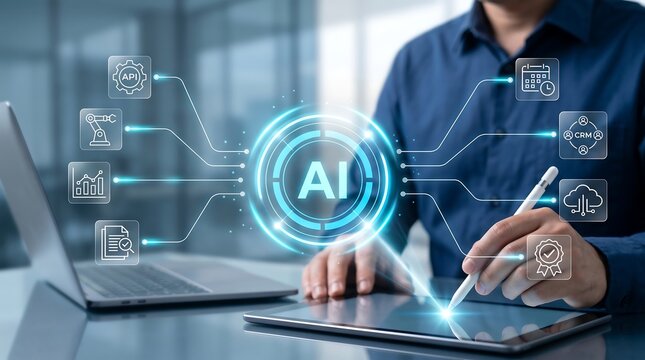 Artificial intelligence professional using digital tablet with glowing interface and automation icons for technology integration in modern corporate office workspace environment