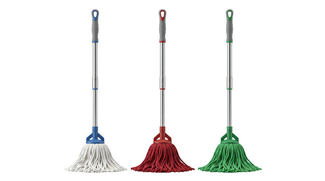 Three colorful cleaning mops with metal handles and fabric heads isolated on transparent background