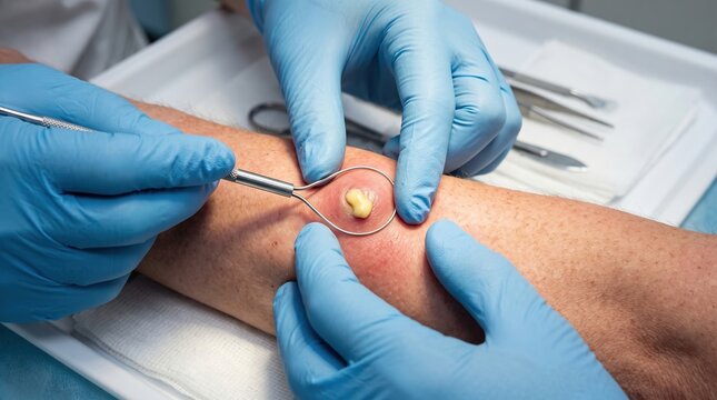 Doctor dermatologist extracting sebaceous cyst pus from patient arm using surgical comedone extractor tool in clinic