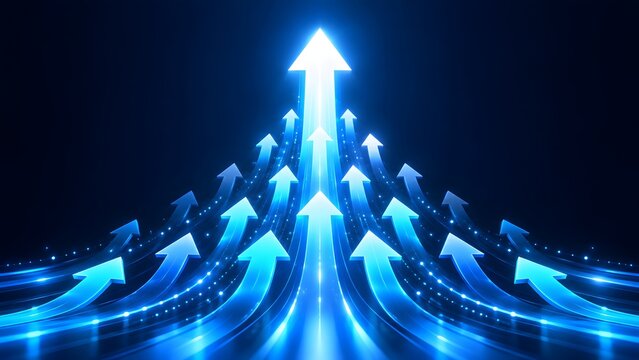 Central glowing blue arrow leading others upwards indicating corporate leadership strategic direction and unified business growth