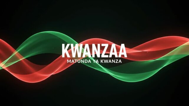 Kwanzaa Matunda Ya Kwanza Typography with Glowing Red and Green Waves on Black Background