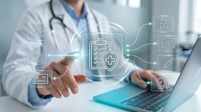 Doctor using digital interface on laptop to manage medical records and healthcare data with patient safety icons for hospital administration and clinical health records management