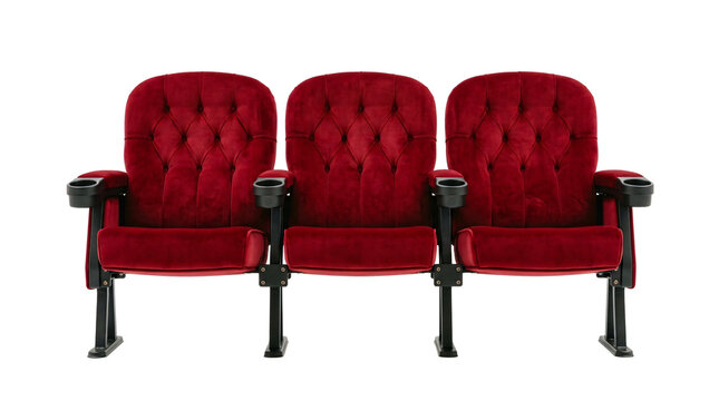 Luxury red velvet cinema seats with built in cup holders on transparent background