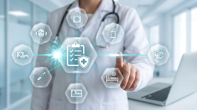 Medical professional using laptop with interactive healthcare dashboard for patient data management and hospital administrative services with digital health safety icons displayed