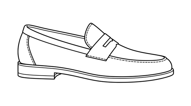 Black outline vector icon of a penny loafer in profile with apron stitching, slotted strap, rounded toe, low heel and thin contours in horizontal side composition conveying classic casual appeal