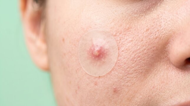 Detailed macro view of hydrocolloid microneedle pimple patch applied on woman inflamed facial acne blemish