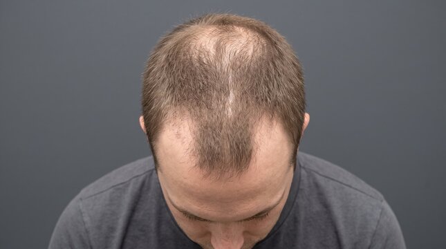 Top down overhead view of young adult man with male pattern baldness and receding hairline crown thinning