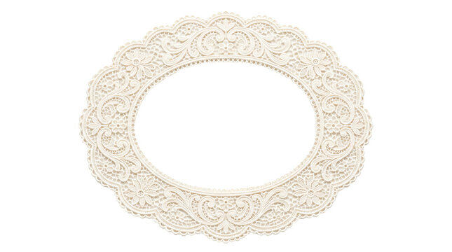 Ornate white lace oval frame featuring intricate vintage patterns and delicate floral motifs on transparent background