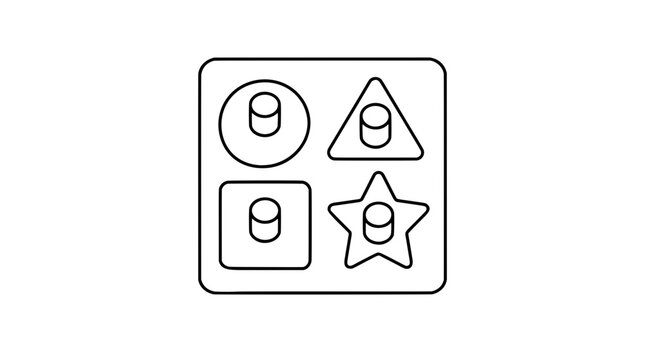 Black outline vector icon of a peg sorting puzzle board with four raised pins holding circle triangle square and star cutouts, drawn with bold lines in centred top view supporting early learning