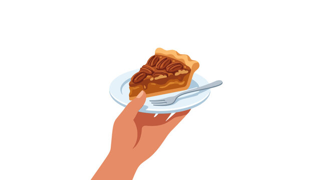 Person holding a plate with a slice of delicious homemade pecan pie and a fork flat vector illustration.