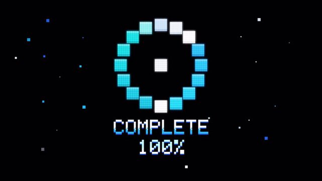 Animated 8 Bit Pixel Loading Spinner with Glowing Blue, Cyan and White Square Segments on Dark Screen. 8-Bit Loading Animation with Circle Wheel in Pixel Grid Style and Square Particles