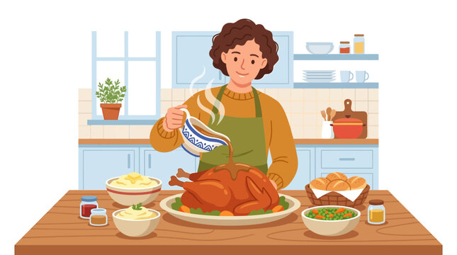 Smiling woman pouring hot gravy over roasted turkey for festive family dinner flat design vector illustration.