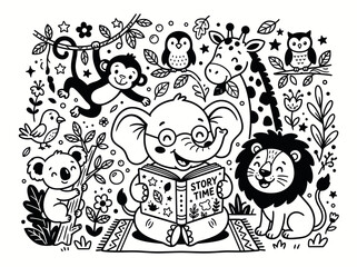 Fototapeta premium Cute Jungle Animals Storytime Illustration