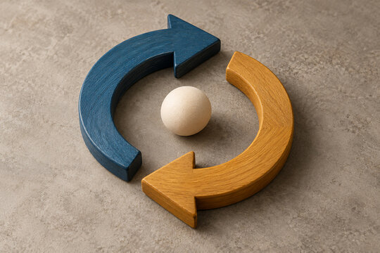 Circular Wooden Arrows around Sphere as Feedback Loop Concept