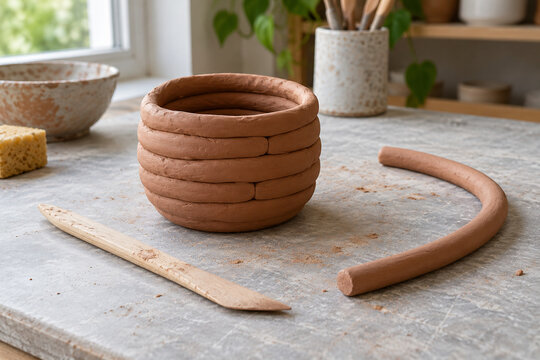 Unfinished Clay Coil Pot with Modelling Tool in Pottery Workshop