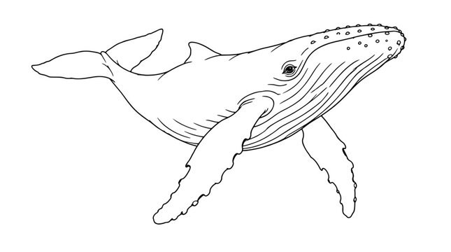 Black outline vector icon of a humpback whale swimming right with scalloped pectoral fins throat grooves dotted head and tail drawn with thin lines in lateral view showcasing ventral pleats