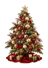 Naklejka na ściany i meble PNG Festive decorated Christmas tree with ornaments, gifts, and star