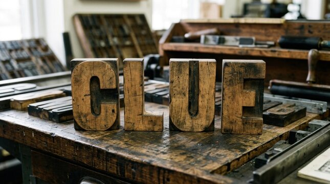 Rustic Wooden Letterpress CLUE on Vintage Workbench with Antique Tools