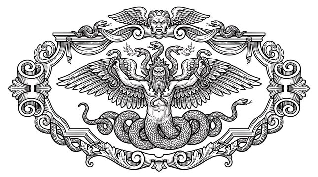 Ornate Engraving of Typhon Greek Mythology Monster with Snake Tails and Wings in Decorative Frame