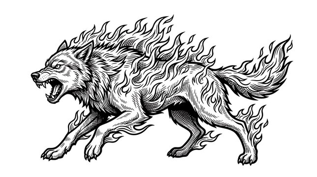 Ferocious running wolf with blazing fire flames engraving style vector illustration for tattoo or mascot