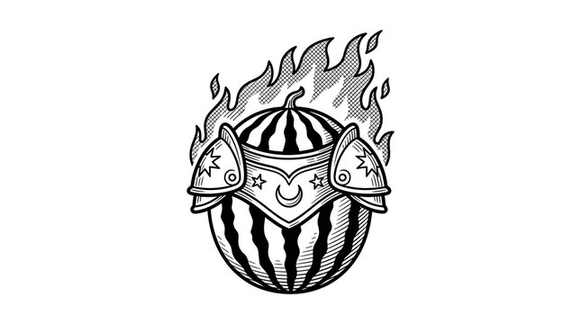 Creative Black and White Illustration of a Warrior Watermelon Wearing Knight Armor with Fire Flames