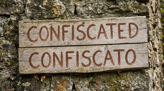 Rustic Wooden Sign CONFISCATED CONFISCATO Attached to a Stone Wall Seized Property Concept