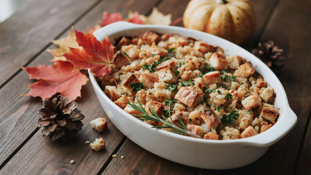 Delicious homemade bread stuffing in a white ceramic baking dish on a rustic wooden table with autumn leaves, a small pumpkin, and a pinecone