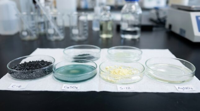 Scientific experiment with chemical samples in petri dishes on laboratory bench