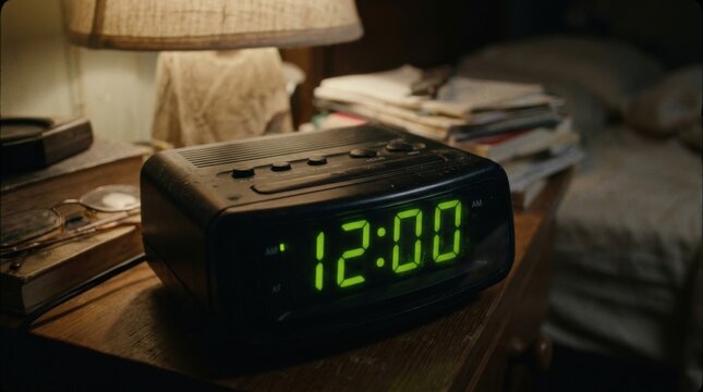 Retro alarm clock displaying 12 00 on a bedside table with books and lamp nighttime ambiance