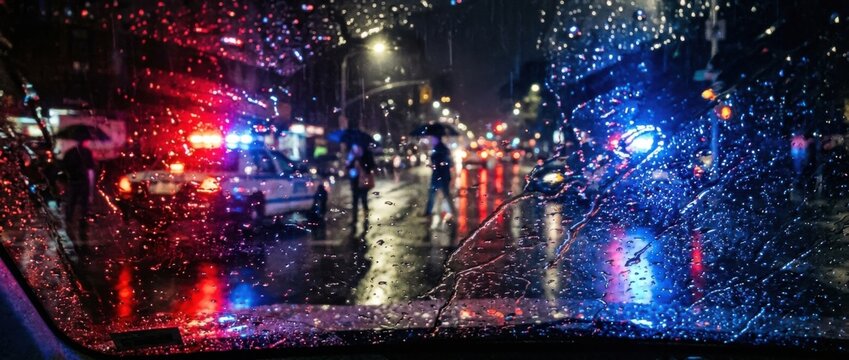 Rainy Night City Scene with Police Car Lights and Pedestrians