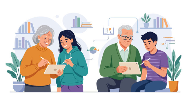 Intergenerational learning with seniors and teenagers using digital tablets for online education flat vector illustration.