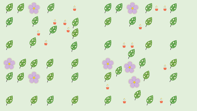 Pattern of leaves, flowers, and potted plants