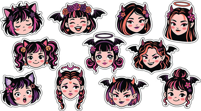 Cute anime devil girl sticker vector set with bat wings horns and alternative fashion hairstyle expressions