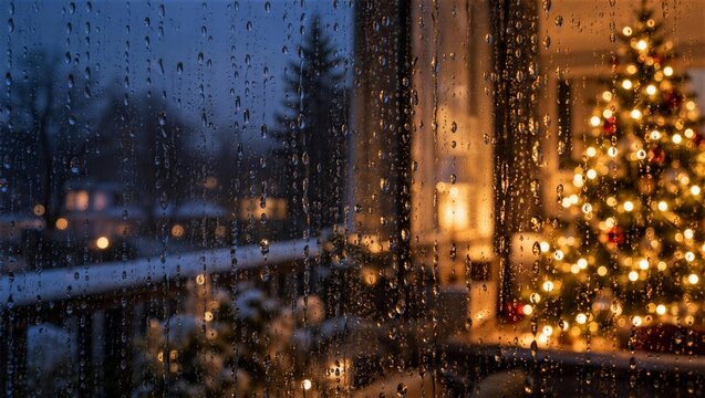 雨粒の付いた窓とぼけたクリスマスツリーの灯り