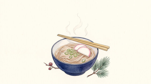 Hand drawn bowl of toshikoshi soba noodles with chopsticks