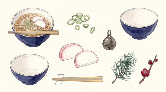 Hand drawn toshikoshi soba illustration set with bowls and chopsticks